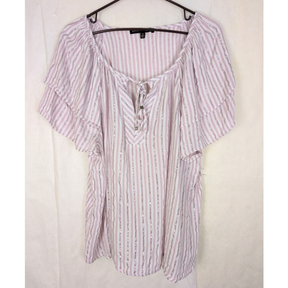 Adrienne Vittadini pink silver striped flutter sleeve top Size 2X Coastal Boho
